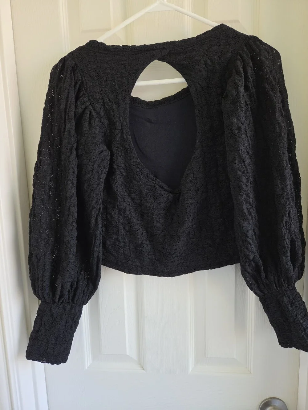 Free People Tea Time Top‎ Black Lace Puff Sleeve Open Back Cropped Blouse Size M